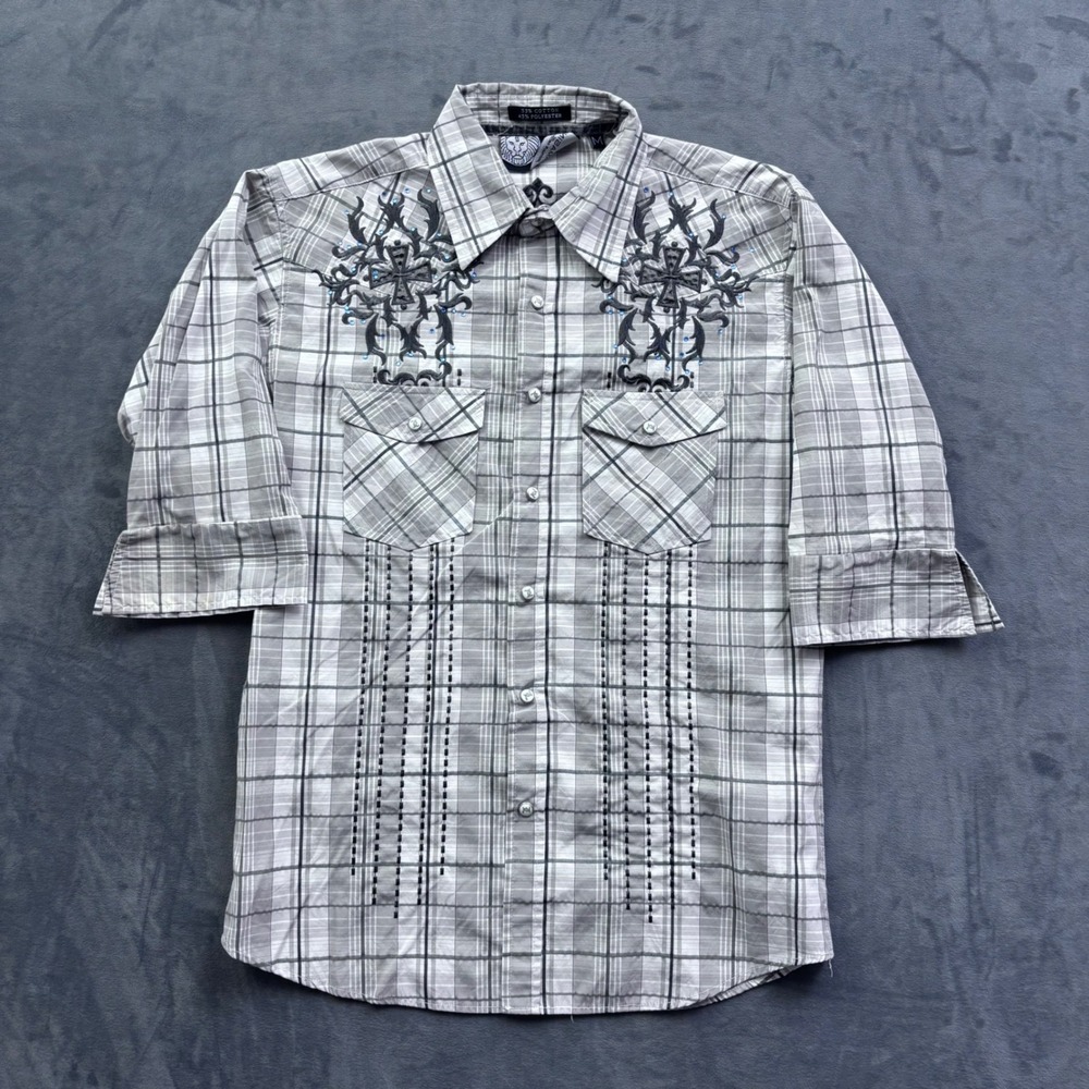 Lamasini Mens Grey Plaid Gothic Cross Embroidered Rhinestone Snap Button Shirt M